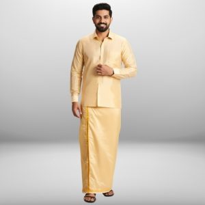 Art Silk Fresh Peach Shirt and Dhoti