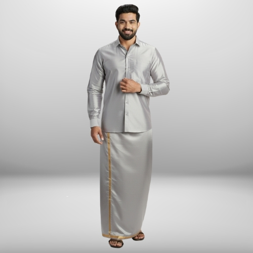 Art Silk Steel Grey Shirt and Dhoti