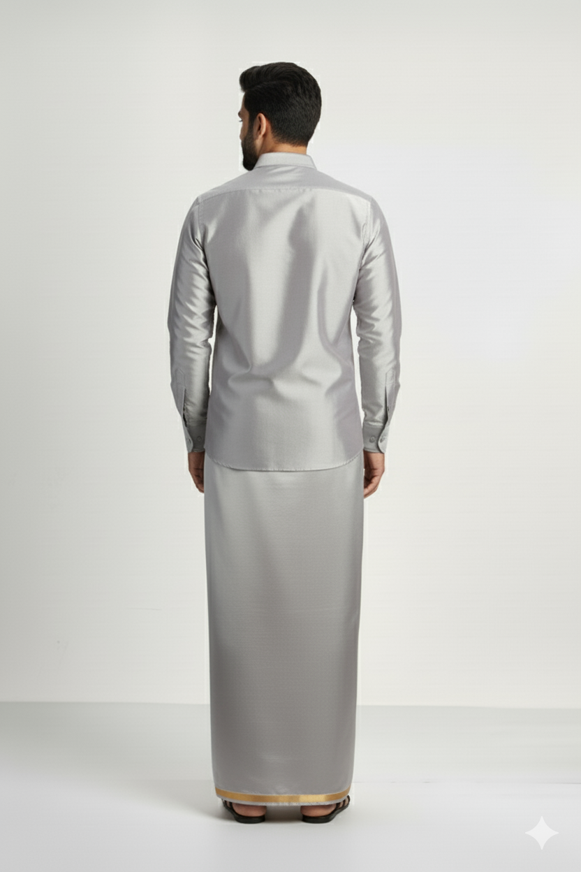 Art Silk Steel Grey Shirt and Dhoti - Image 2
