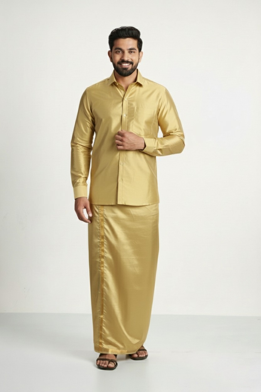 Art Silk Jari Gold Shirt and Dhoti - Image 3