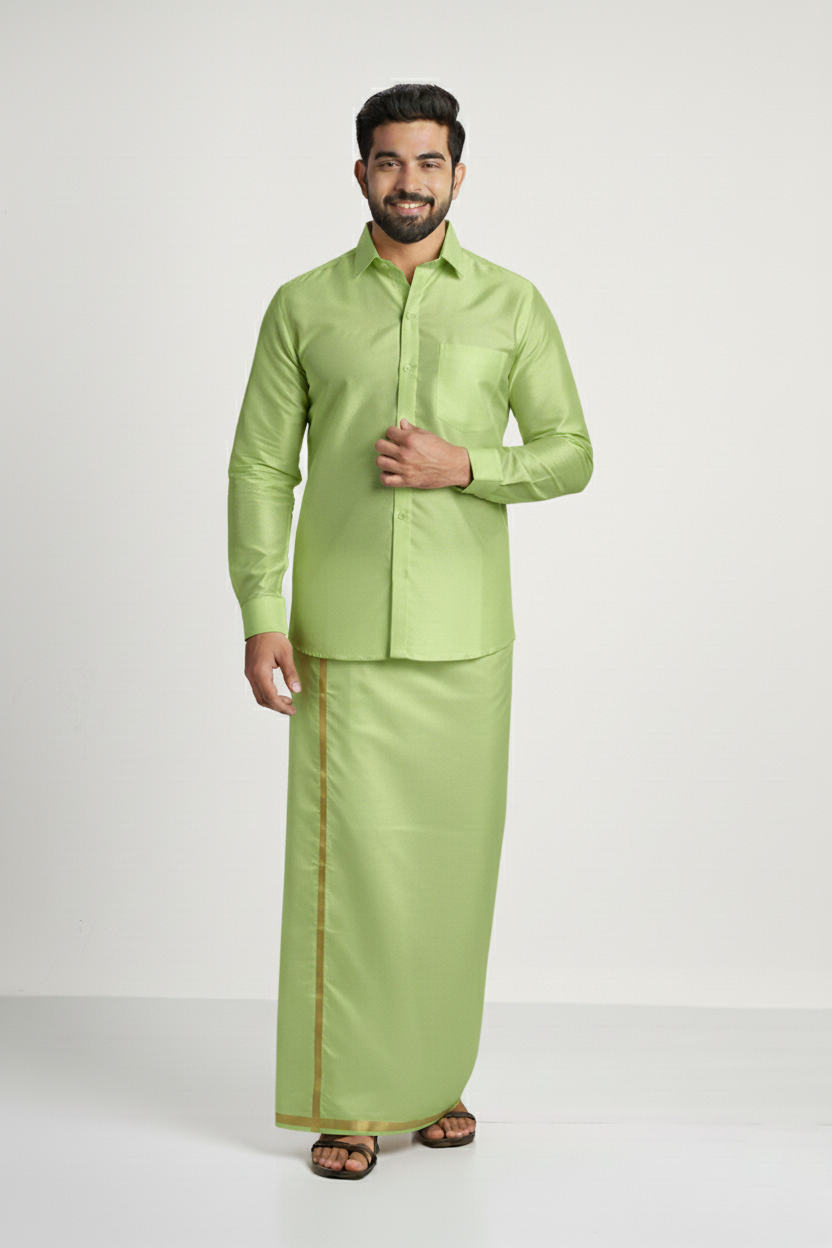 Art Silk Marine Green Shirt and Dhoti - Image 2
