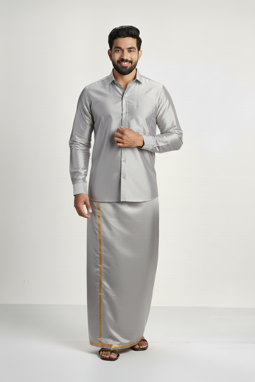 Art Silk Steel Grey Shirt and Dhoti