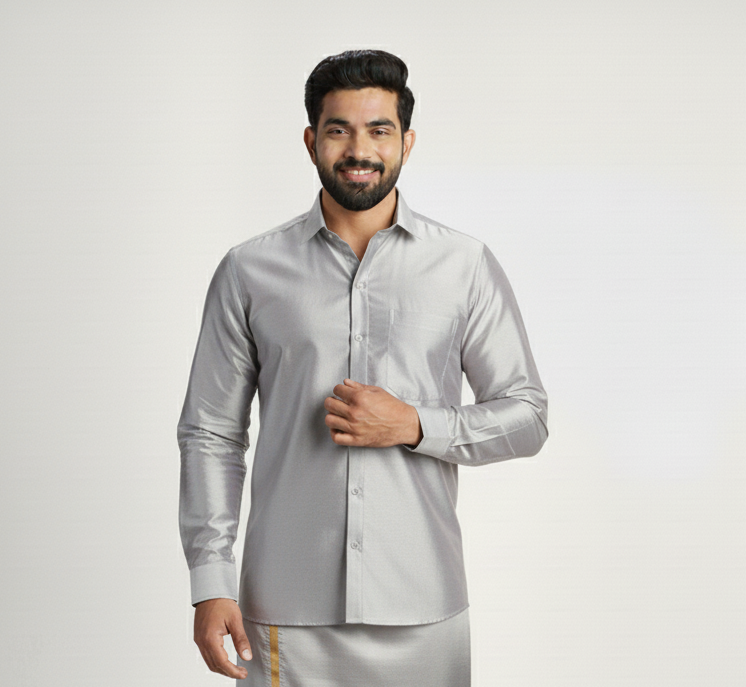 Art Silk Steel Grey Shirt and Dhoti - Image 4